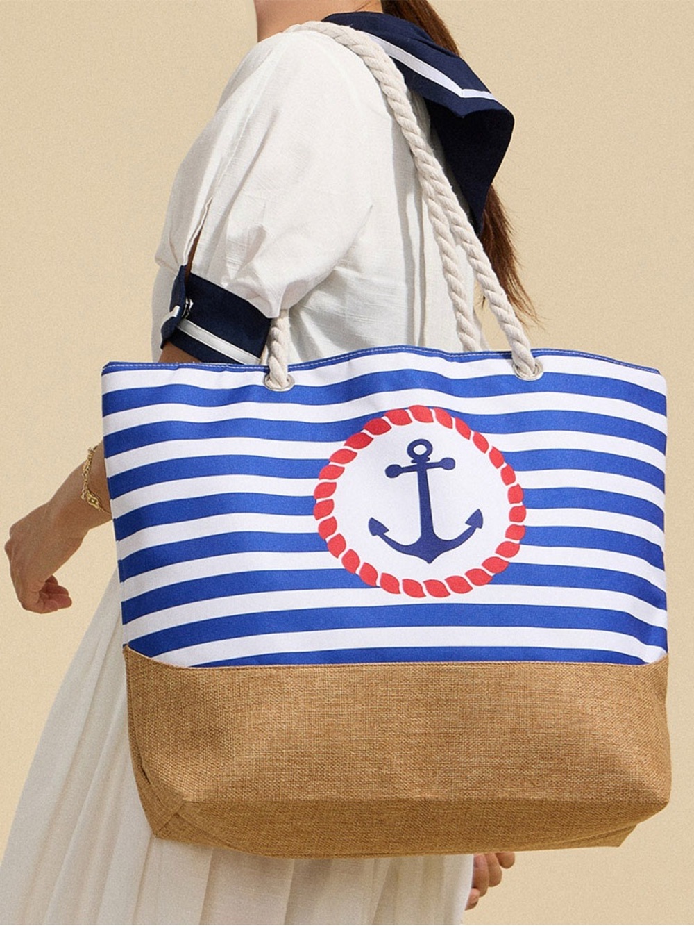 Nautical Stripe Anchor Tote Bag - Blue/White